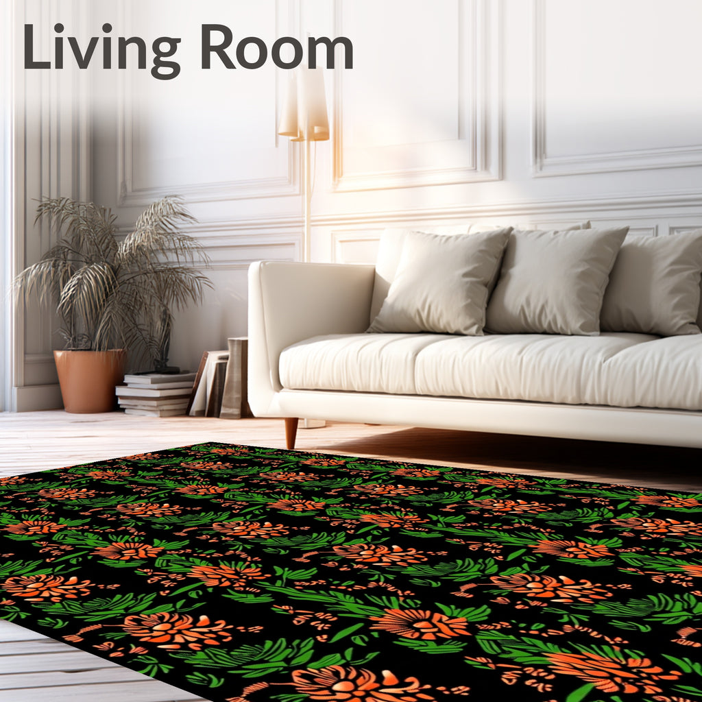 Ornate Orange Floral Green Garden Rug