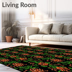 Ornate Orange Floral Green Garden Rug
