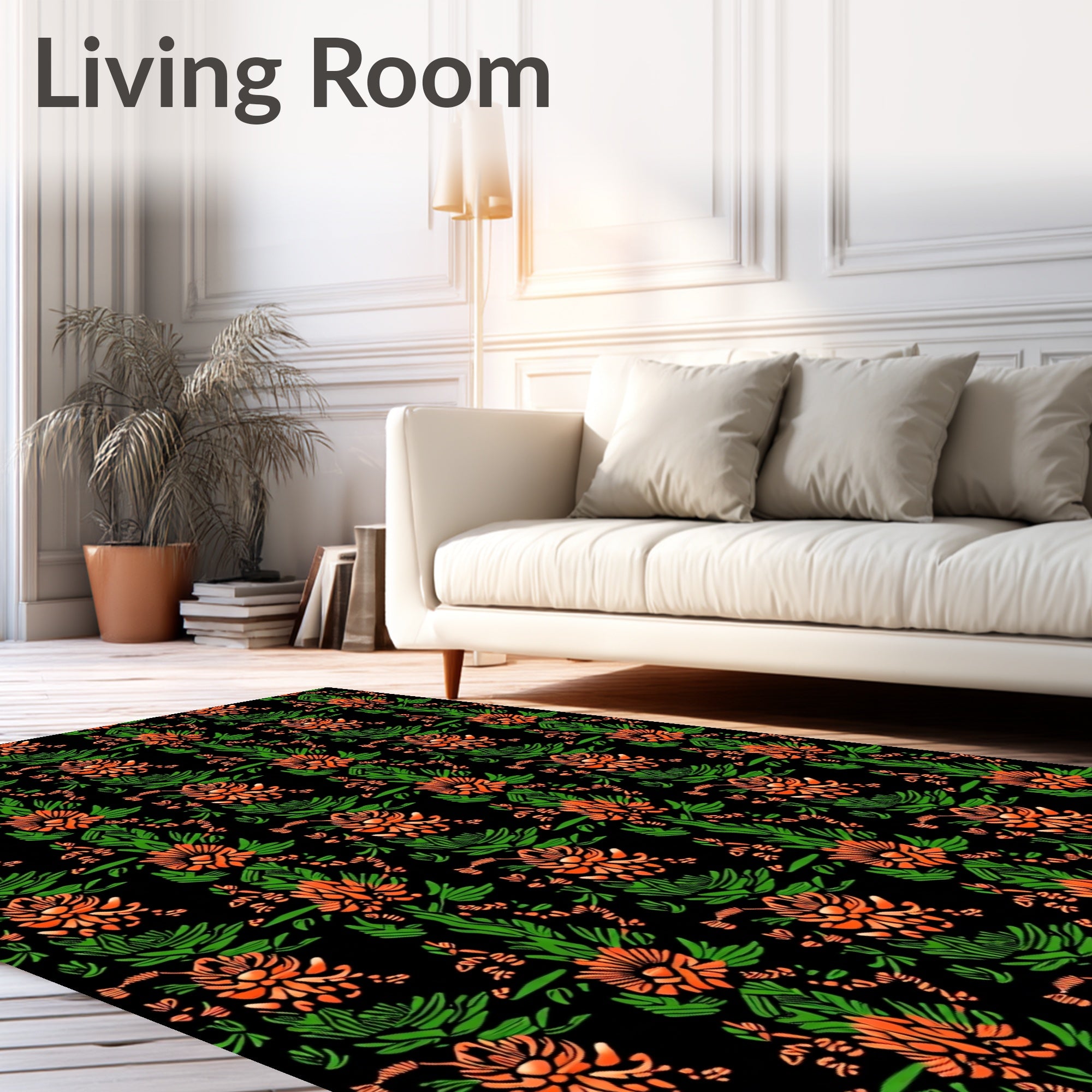 Ornate Orange Floral Green Garden Rug