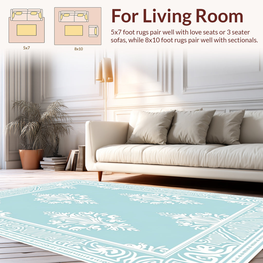 Pale Blue White Classic Damask Style Rug