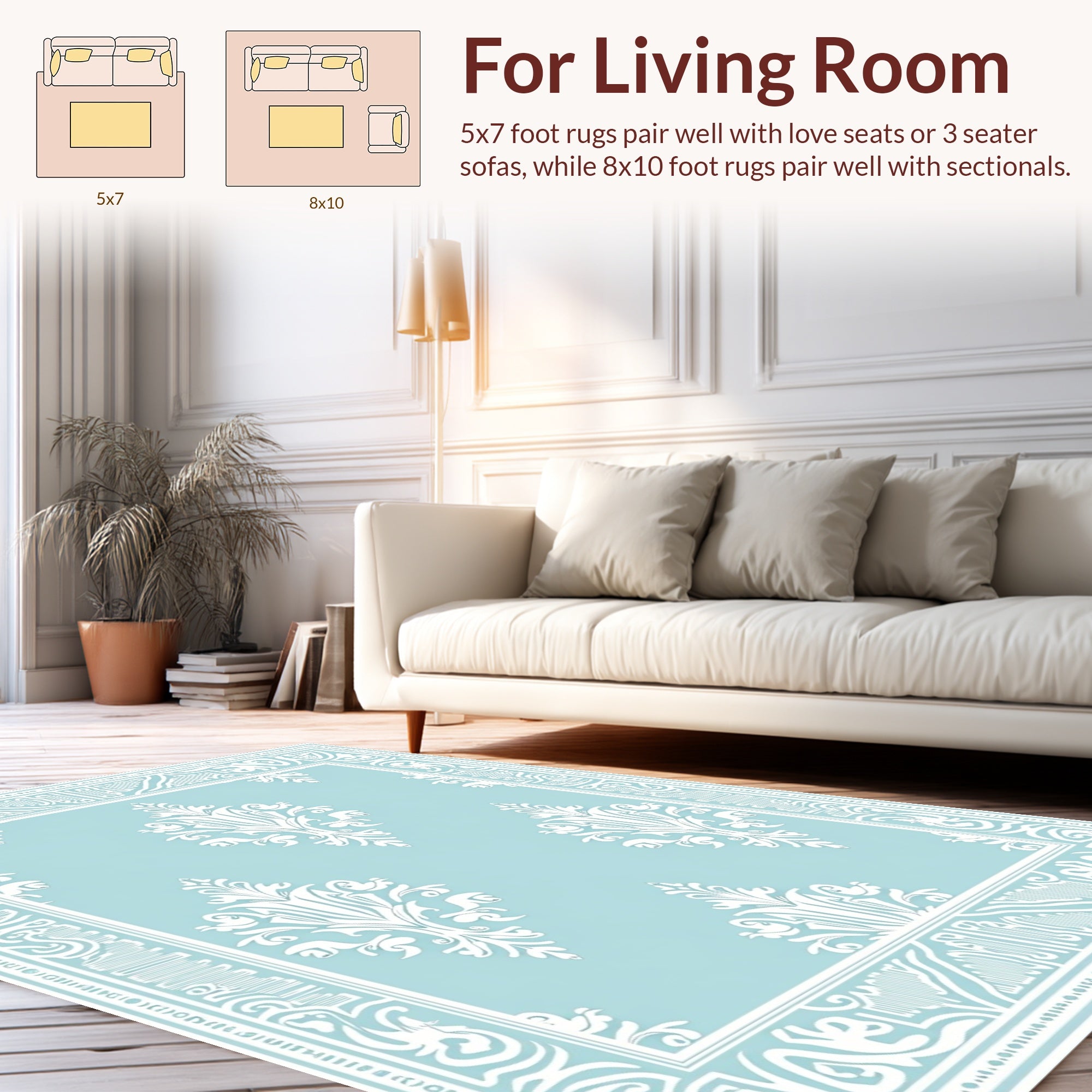 Pale Blue White Classic Damask Style Rug