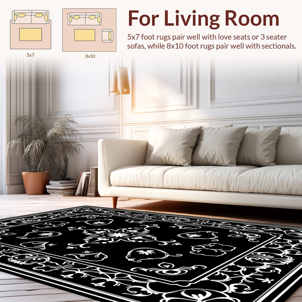 Classic Floral Motif Black and White Rug
