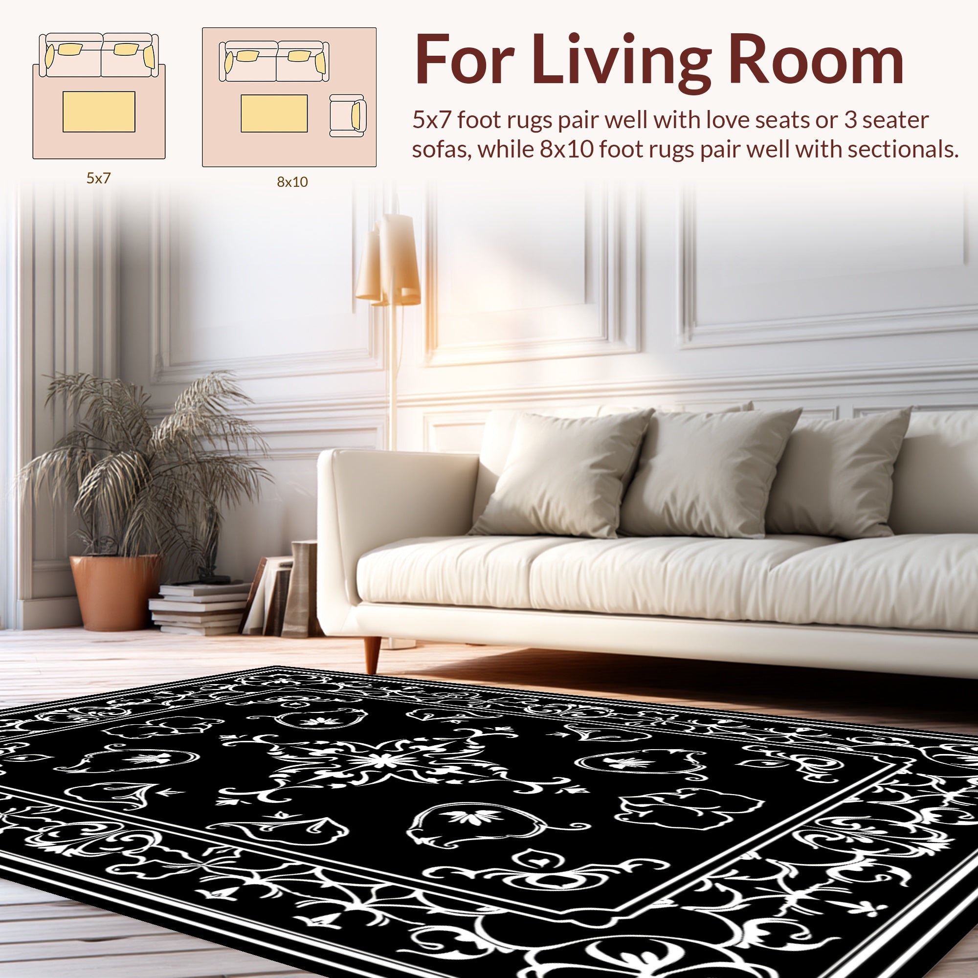 Classic Floral Motif Black and White Rug
