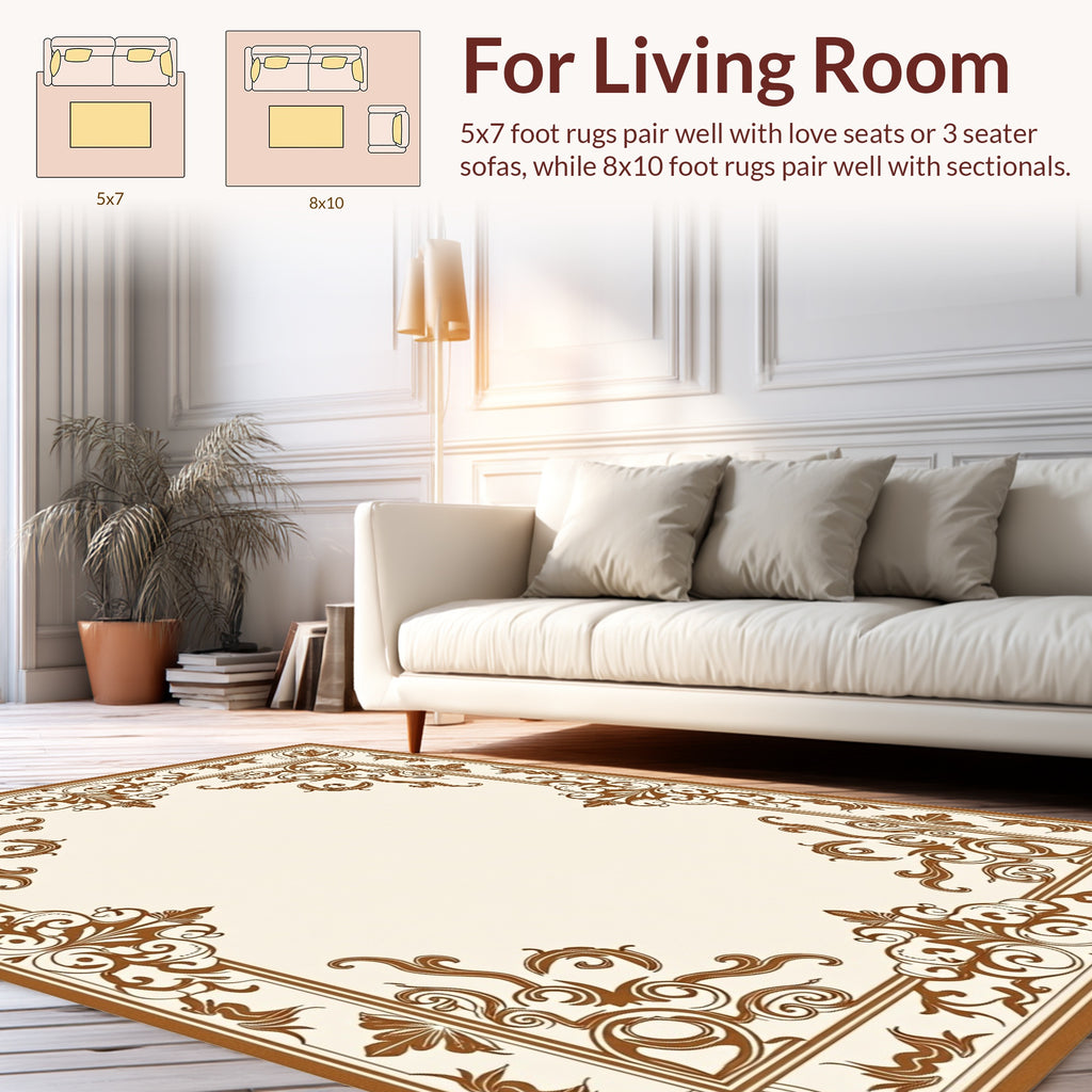 Ornate Scrollwork Rich Brown Overlay Design Rug