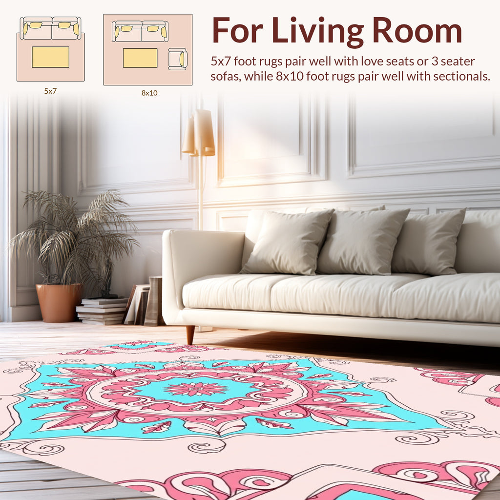 Pink Teal Floral Symmetry Pattern Rug