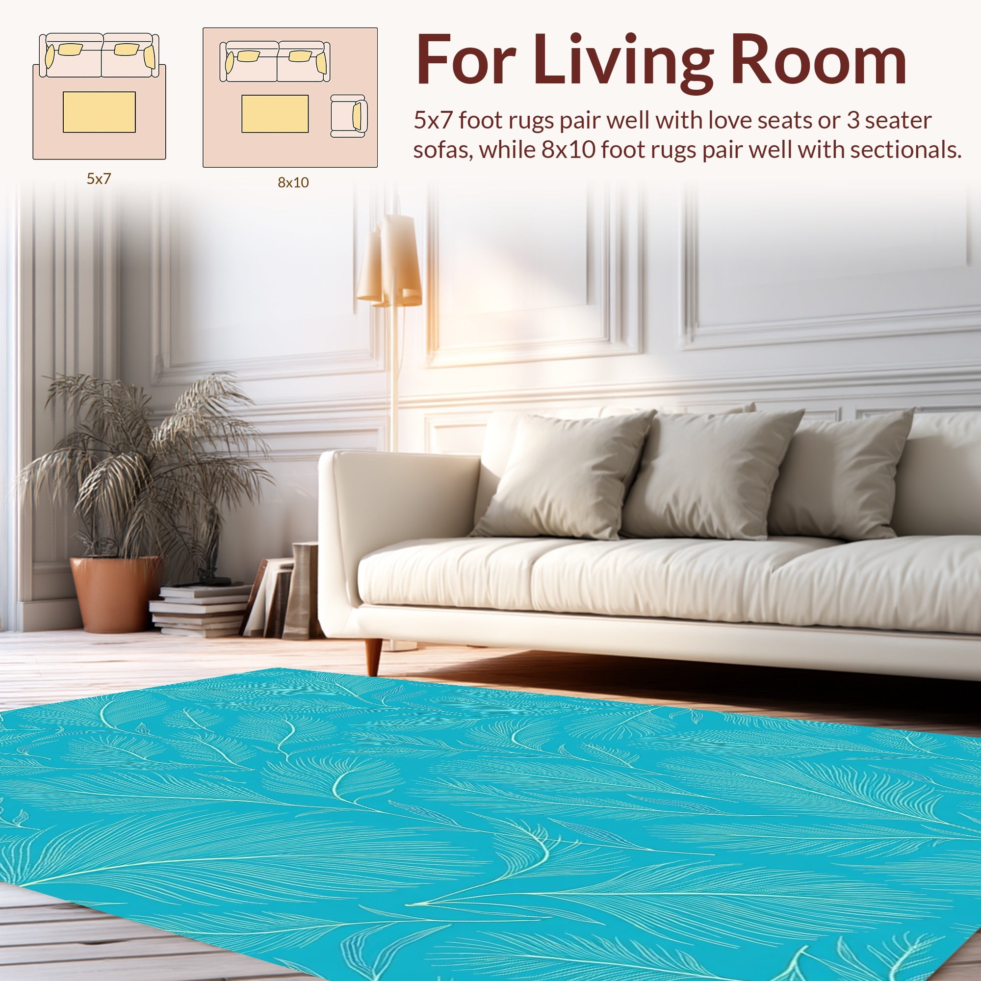 Teal Feather Pattern Rug Design Rug