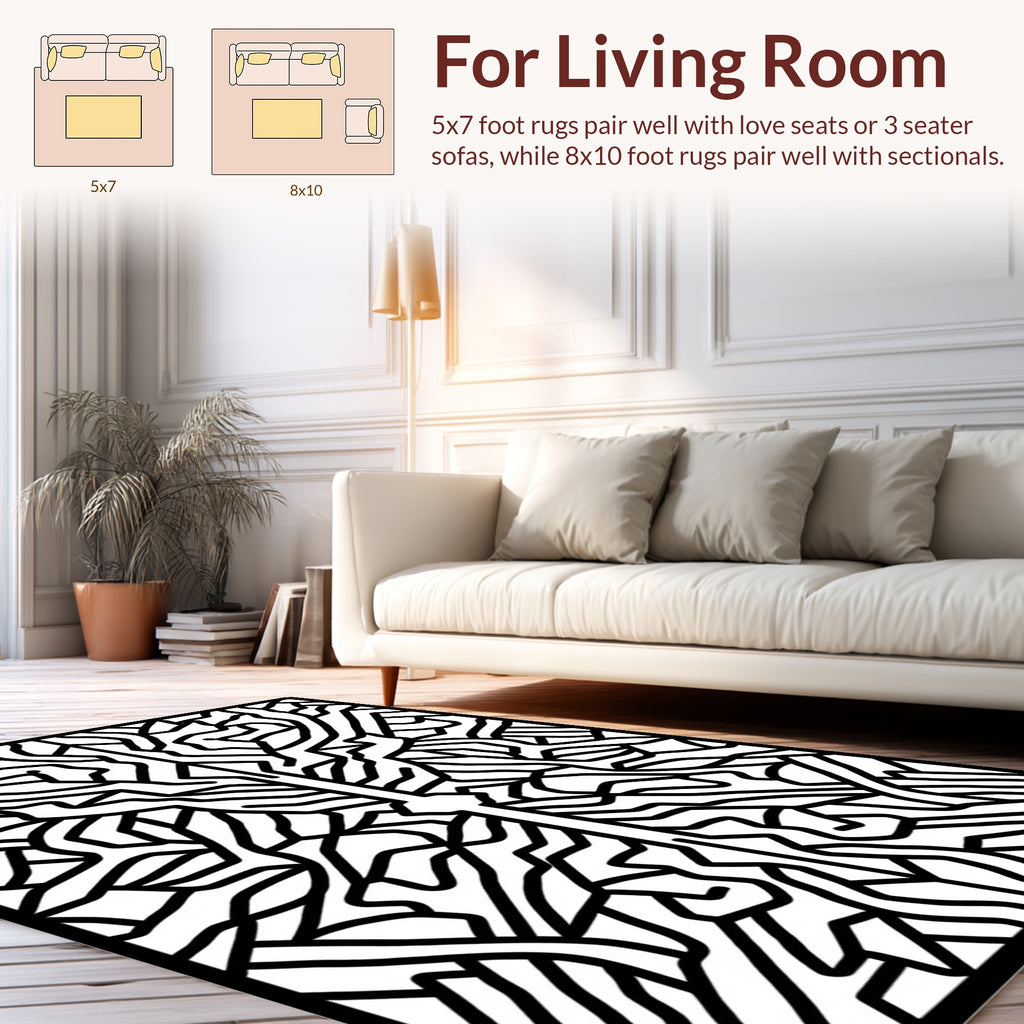Abstract Black White Organic Lines Rug