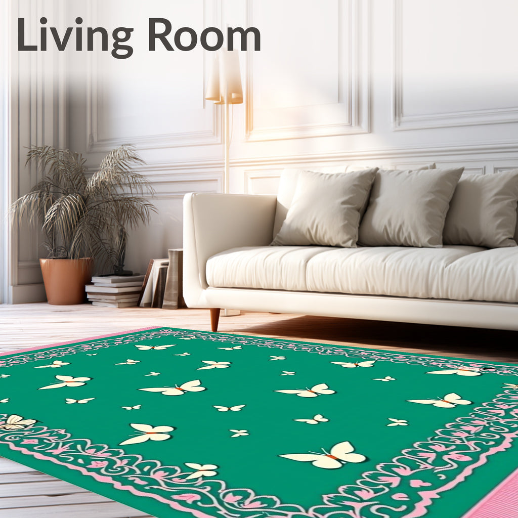 Teal White Butterfly Lace Border Rug