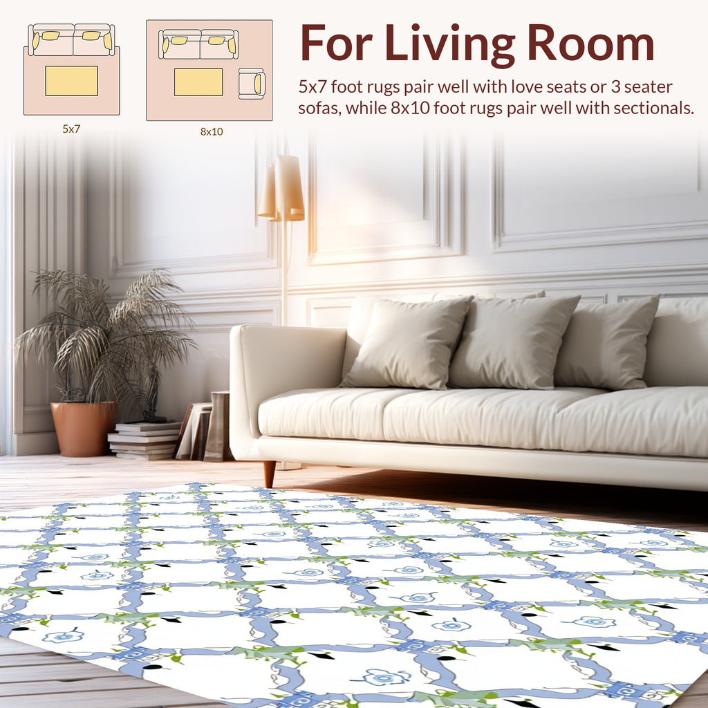 Blue Lattice Floral Pattern Rug