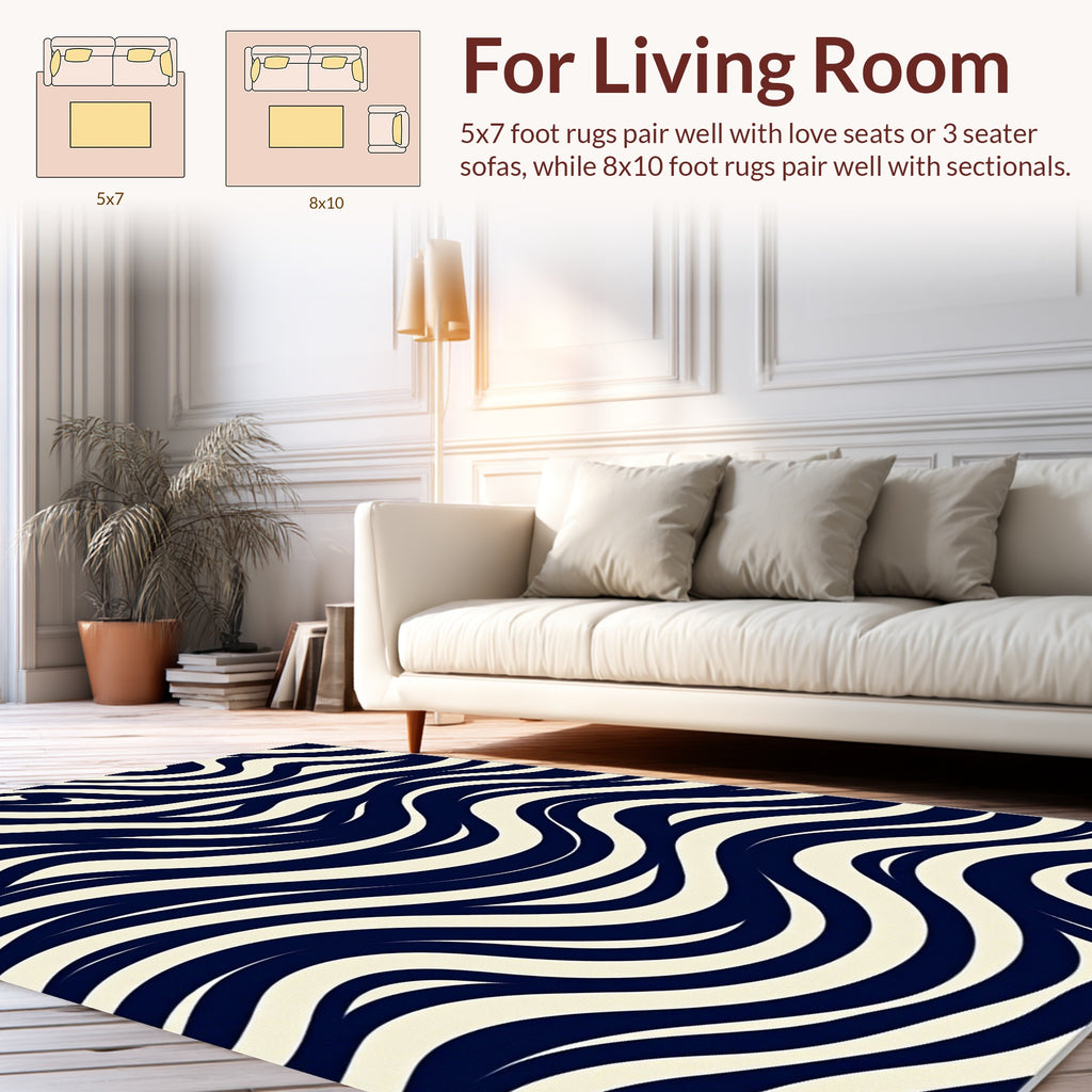 Abstract Navy Cream Wavy Stripe Design Rug