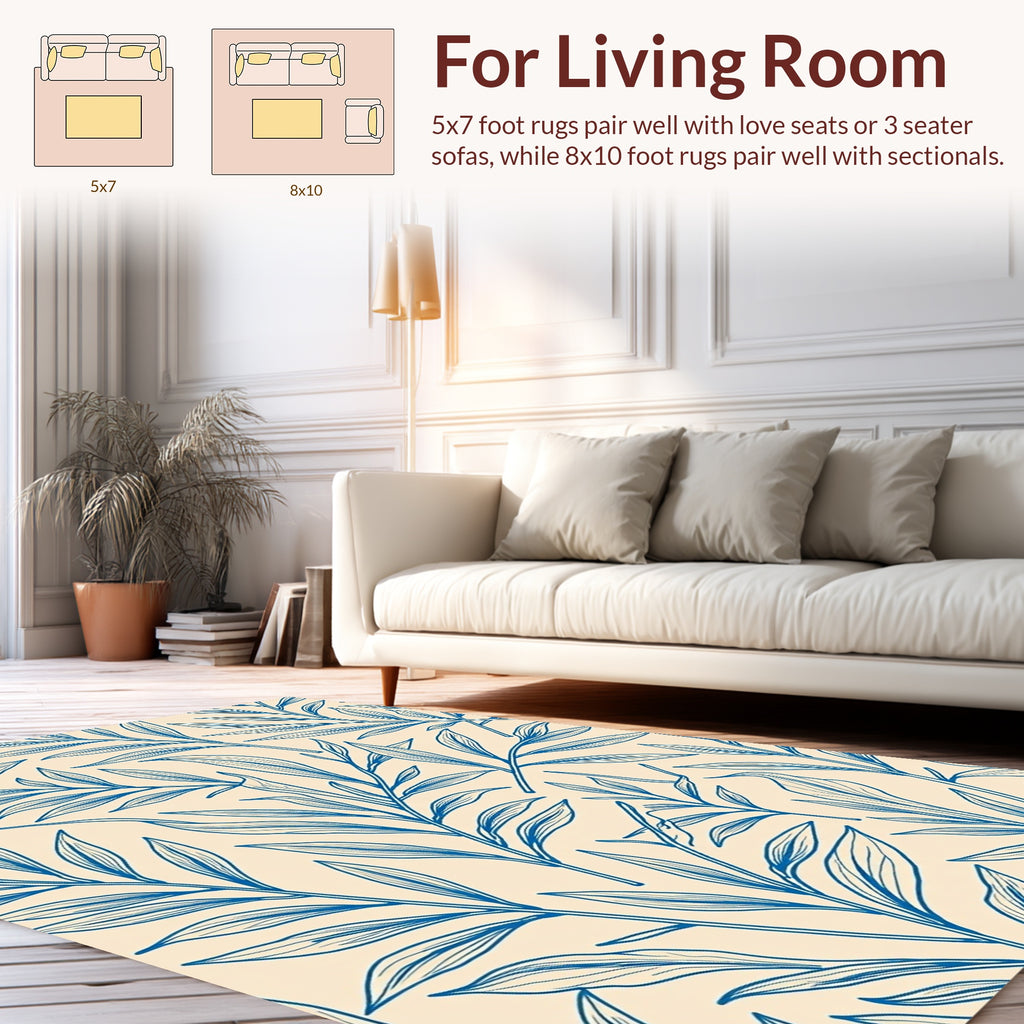 Blue Leaf Line Art Pattern Rug