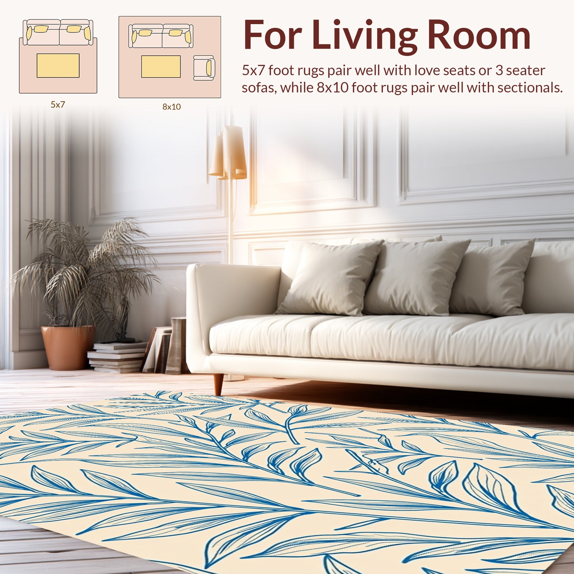 Blue Leaf Line Art Pattern Rug