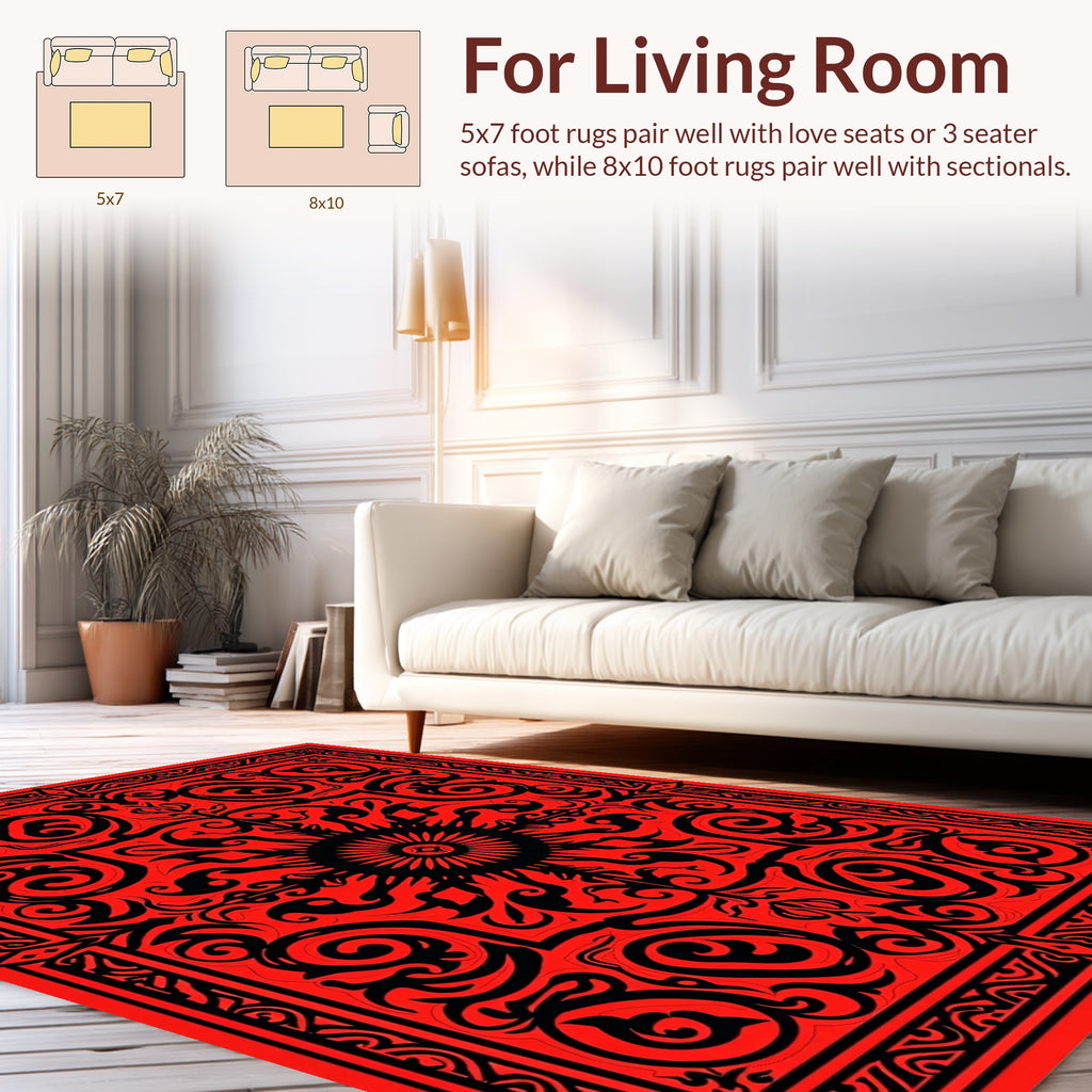 Bold Red Black Swirl Floral Pattern Rug