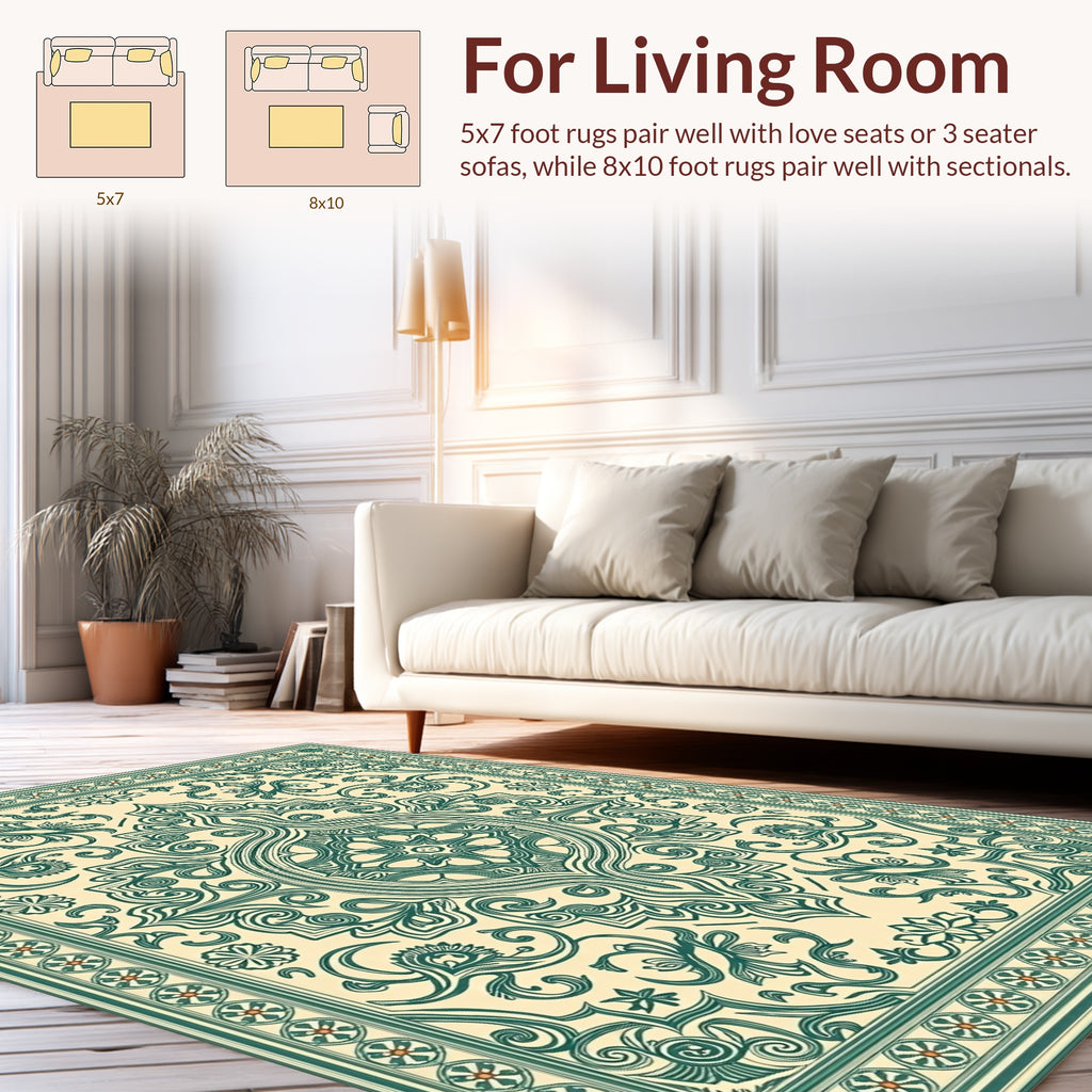 Vintage Green Floral Damask Rug