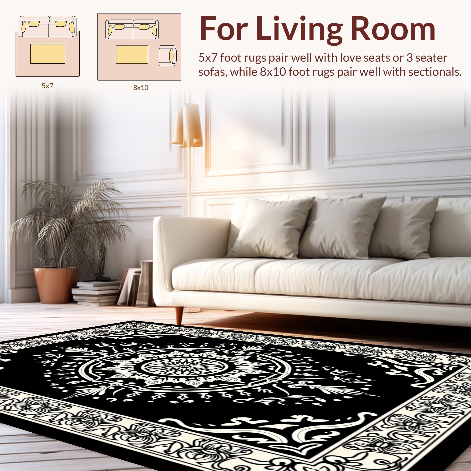 Black White Intricate Floral Mandala Rug
