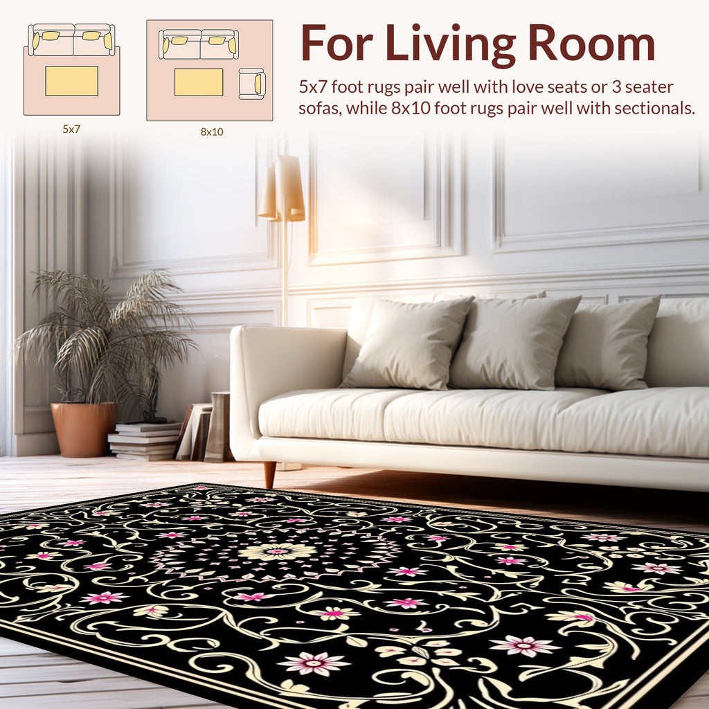 Intricate Black Floral Mandate Rug