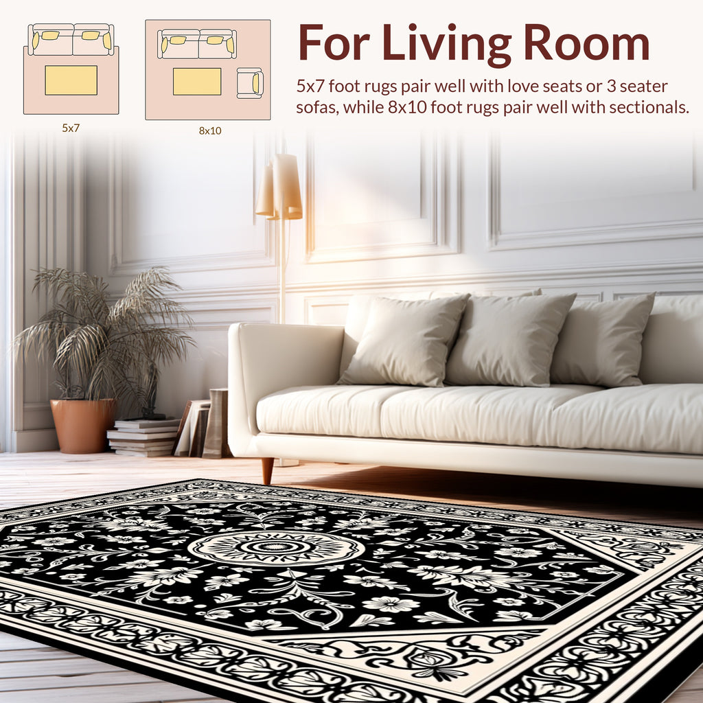 Classic Black Cream Floral Mandala Design Rug