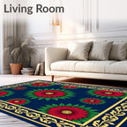 Deep Blue Red Floral Border Rug
