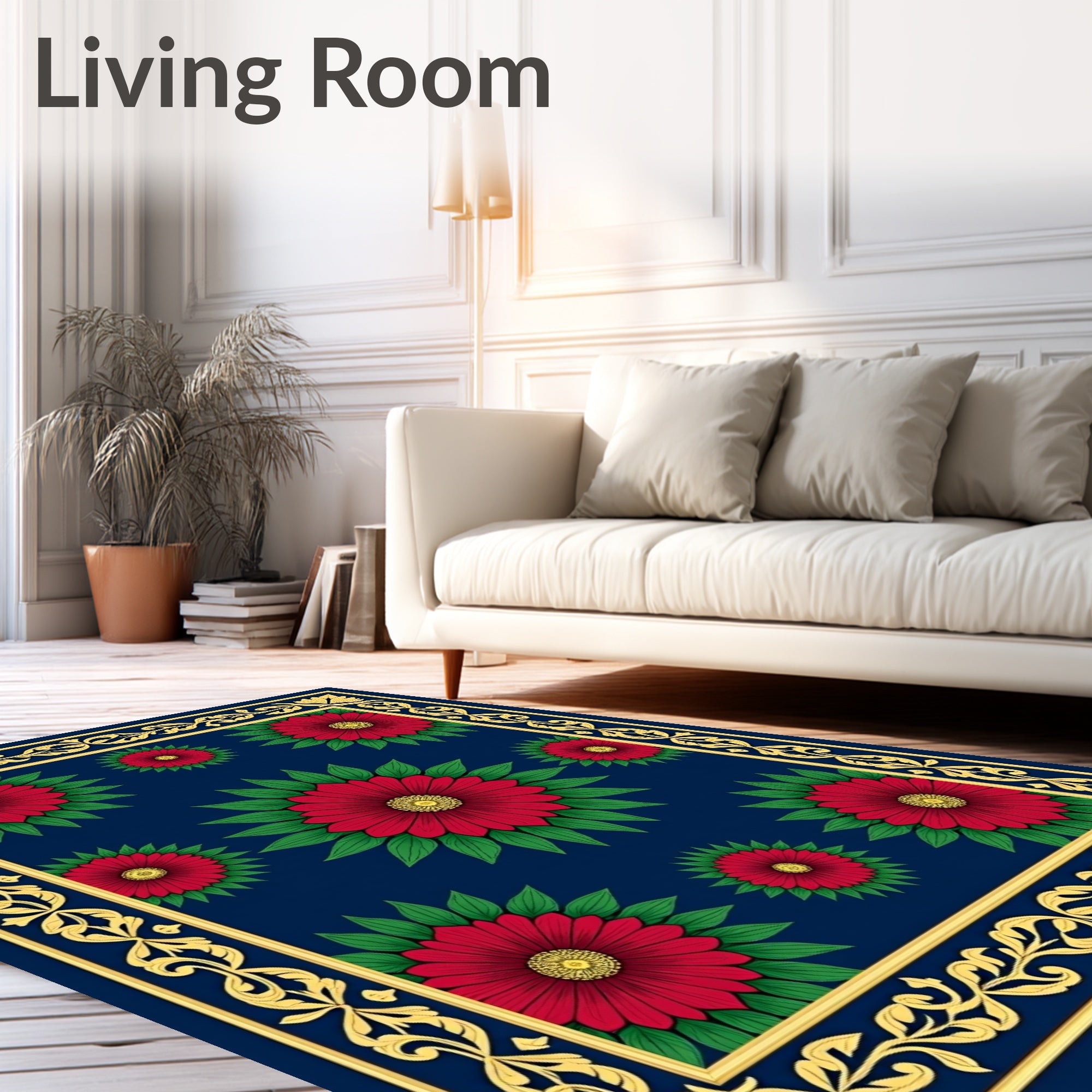 Deep Blue Red Floral Border Rug