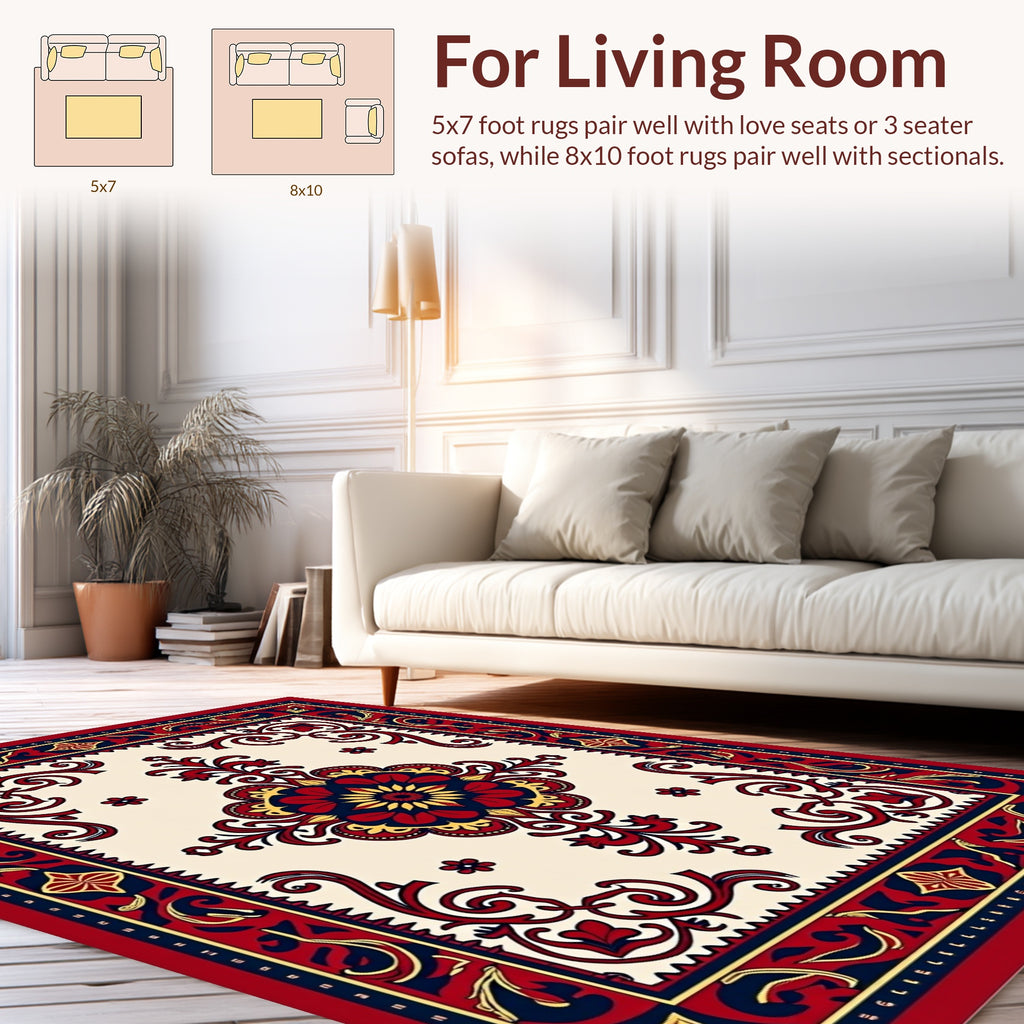 Ornate Floral Red Navy Medallion Rug
