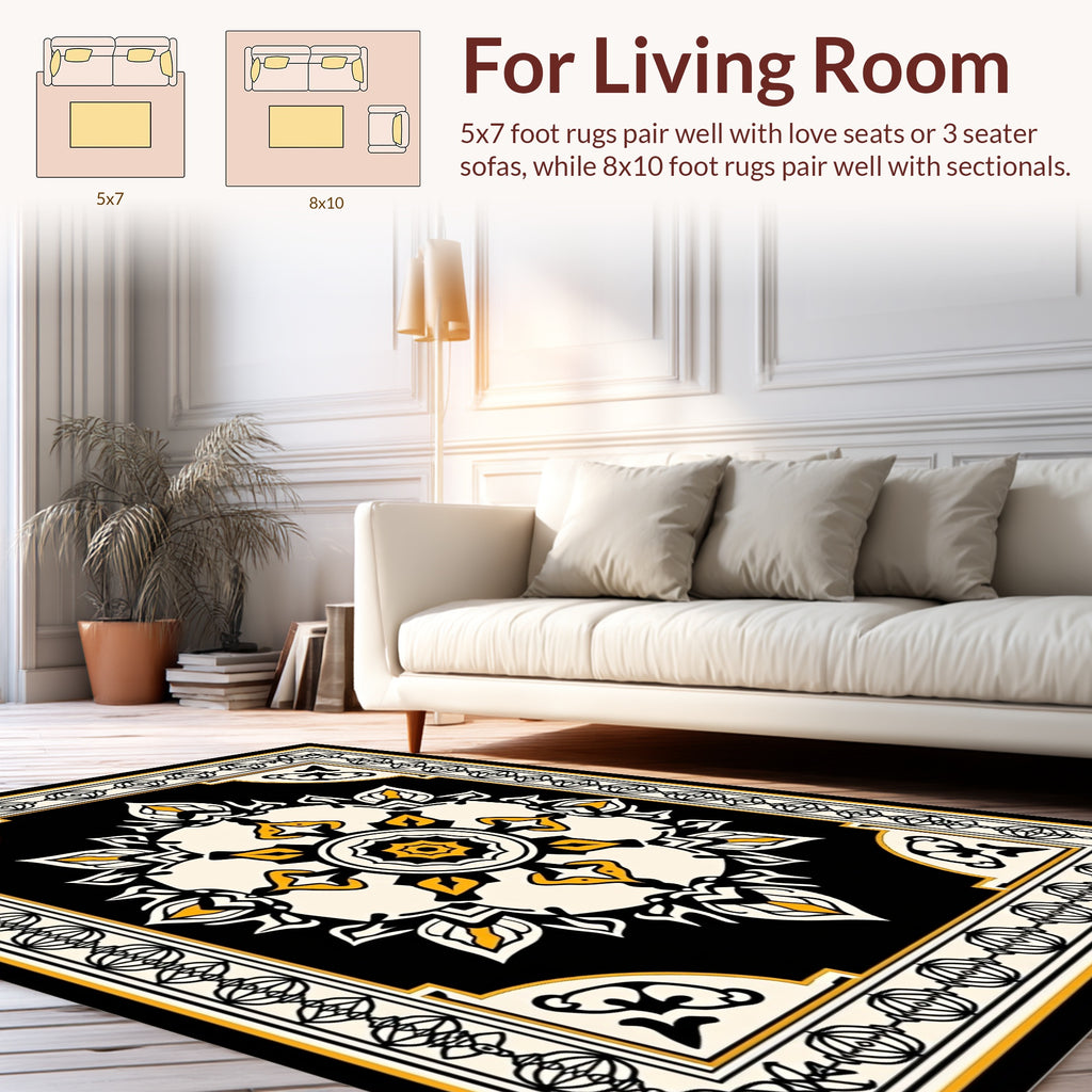 Black Yellow Floral Medallion Rug