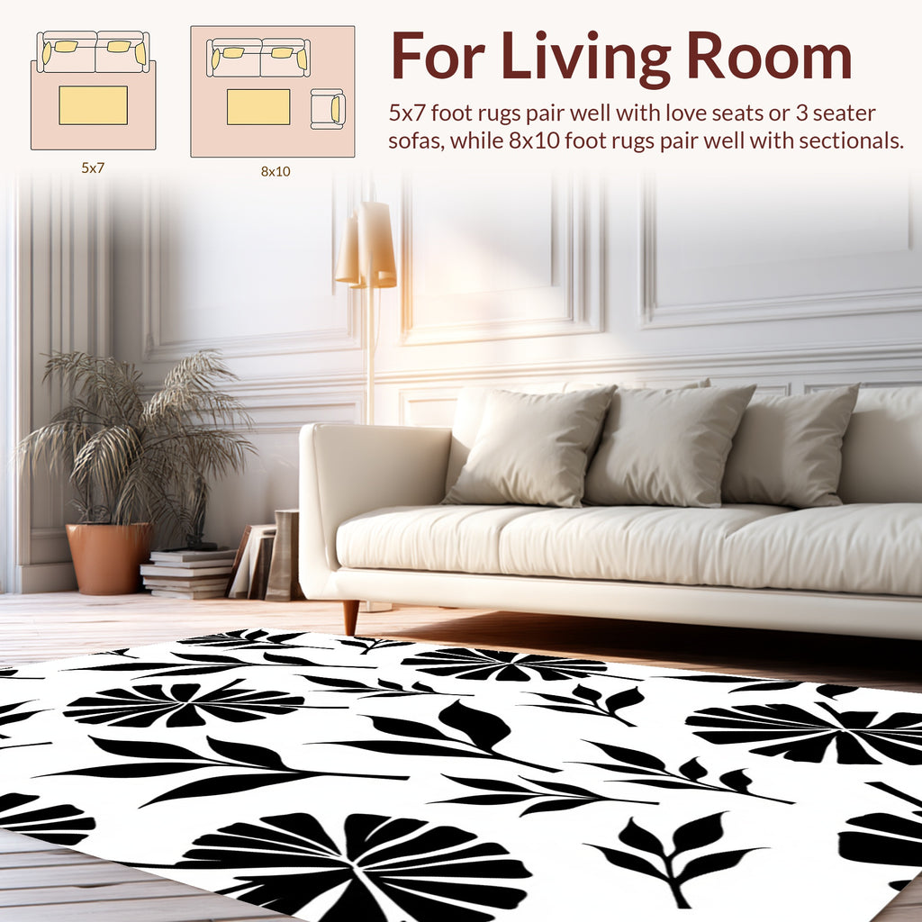 Black White Leafy Tropical Pattern Rug