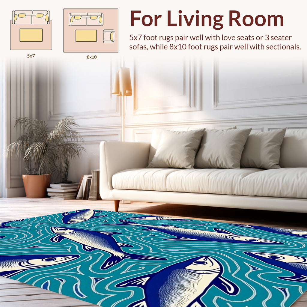 Blue Fish In Wavy Teal Water Pattern Rug