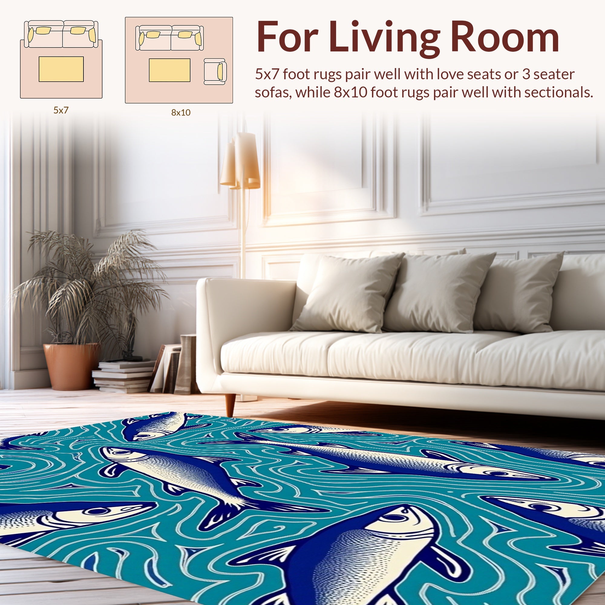 Blue Fish In Wavy Teal Water Pattern Rug