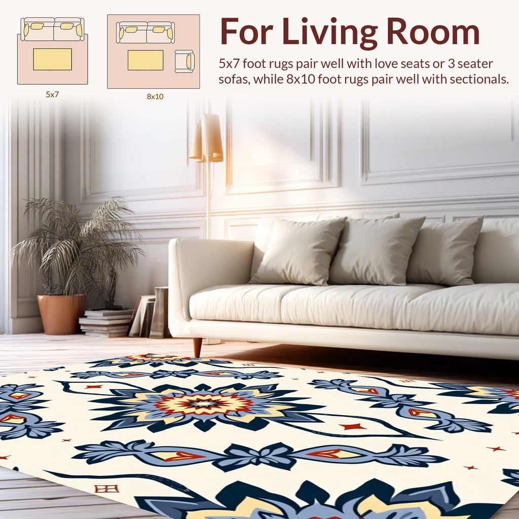 Navy Blue Red Yellow Floral Medallion Design Rug