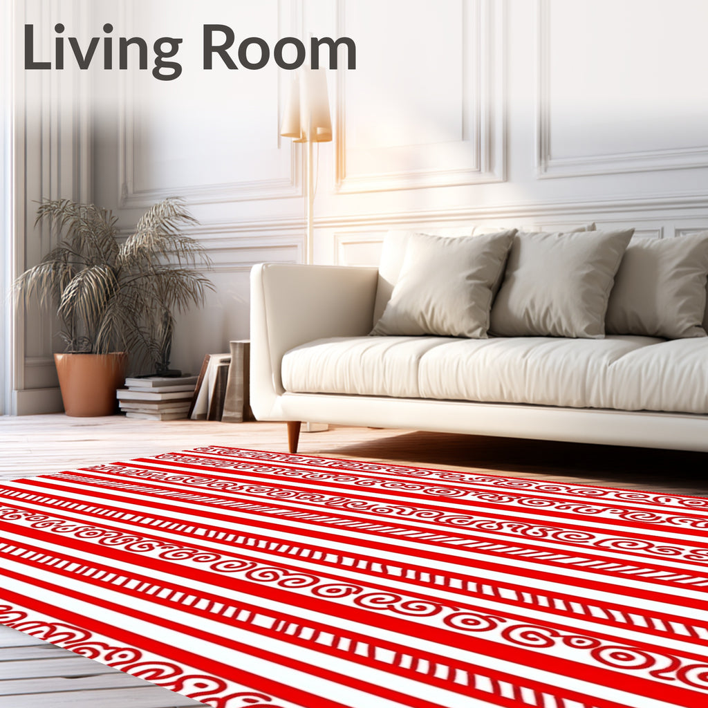Bold Red White Scroll Stripe Rug