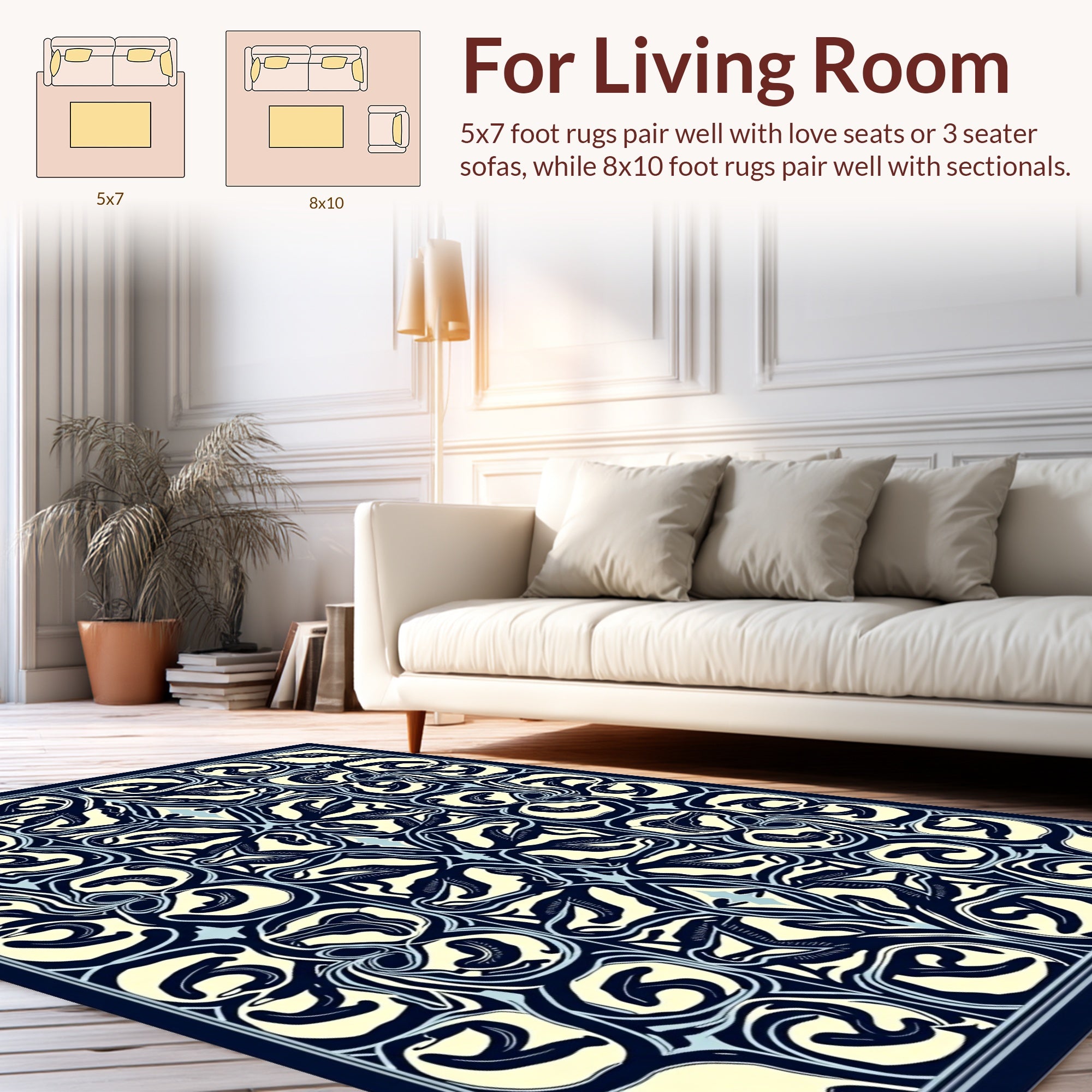Symmetrical Ivory Blue Floral Pattern Rug