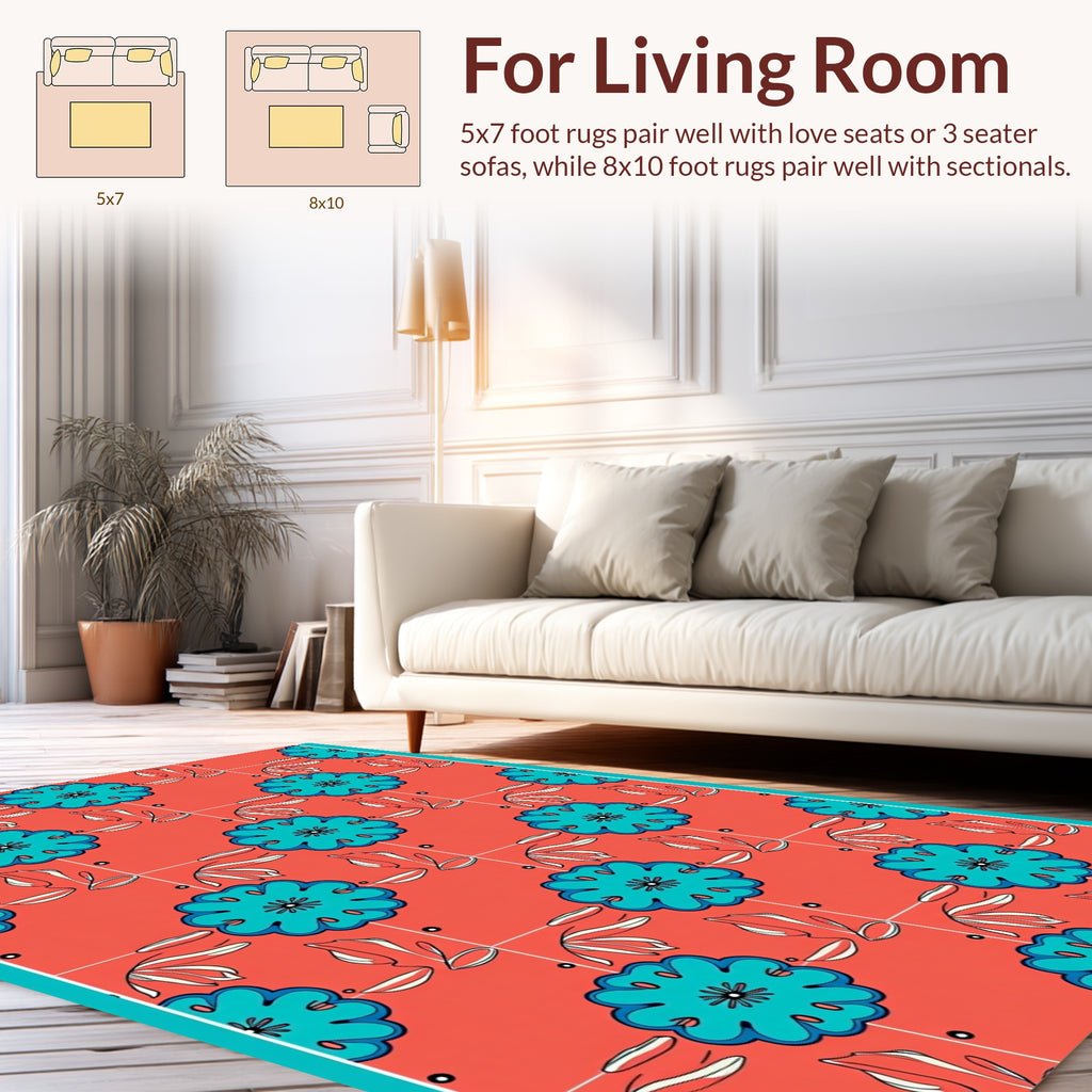 Coral Turquoise Floral Pattern Rug