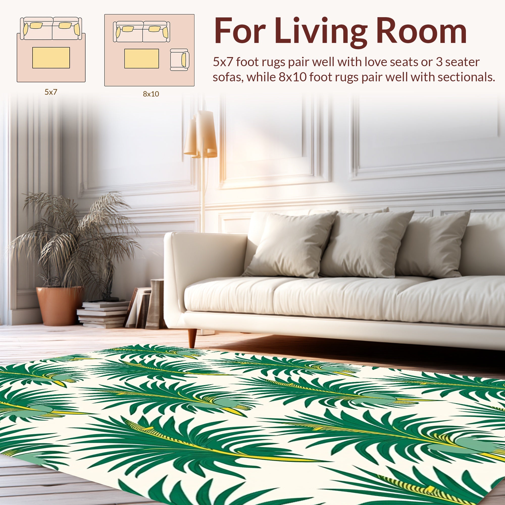 Tropical Leaf Patterned Green Yellow Rug