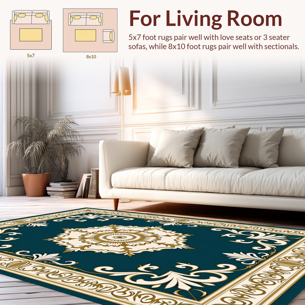 Elegant Teal And Gold Floral Medallion Rug