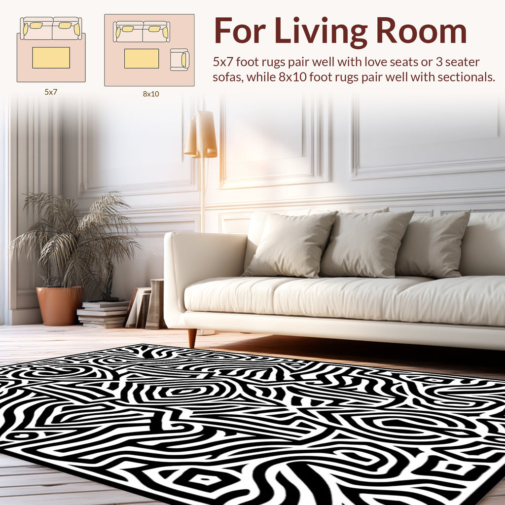 Black White Abstract Maze Pattern Rug