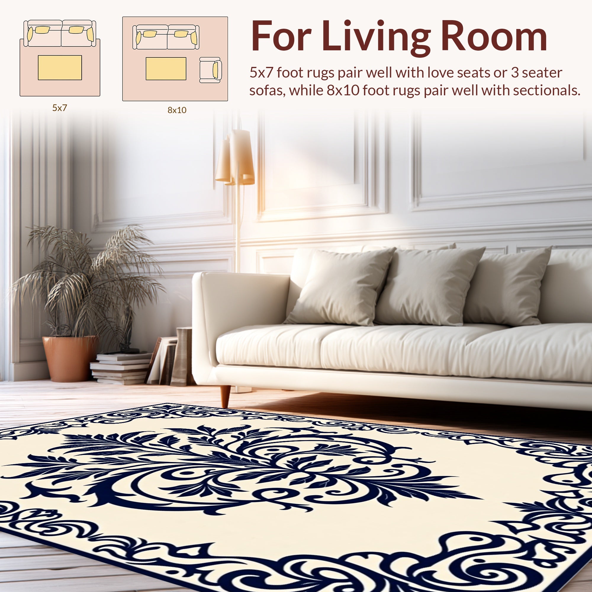 Navy Floral Scroll Classic Designed Rug