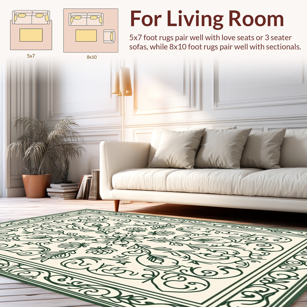 Intricate Dark Green Floral Scroll Pattern Rug