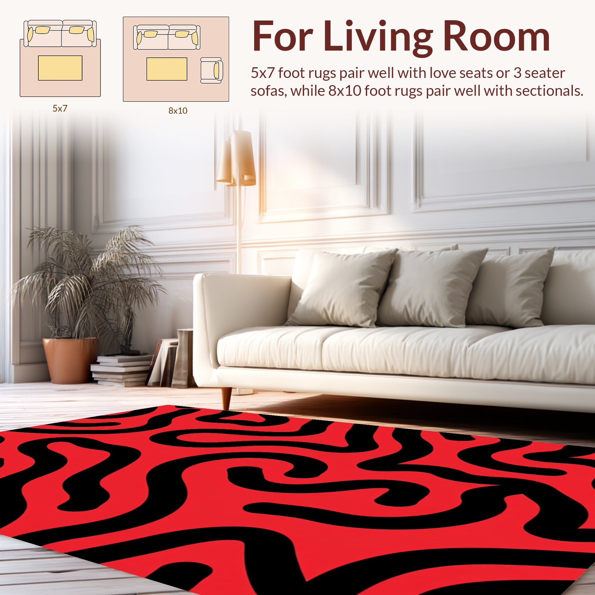 Bold Red Black Wavy Pattern Design Rug