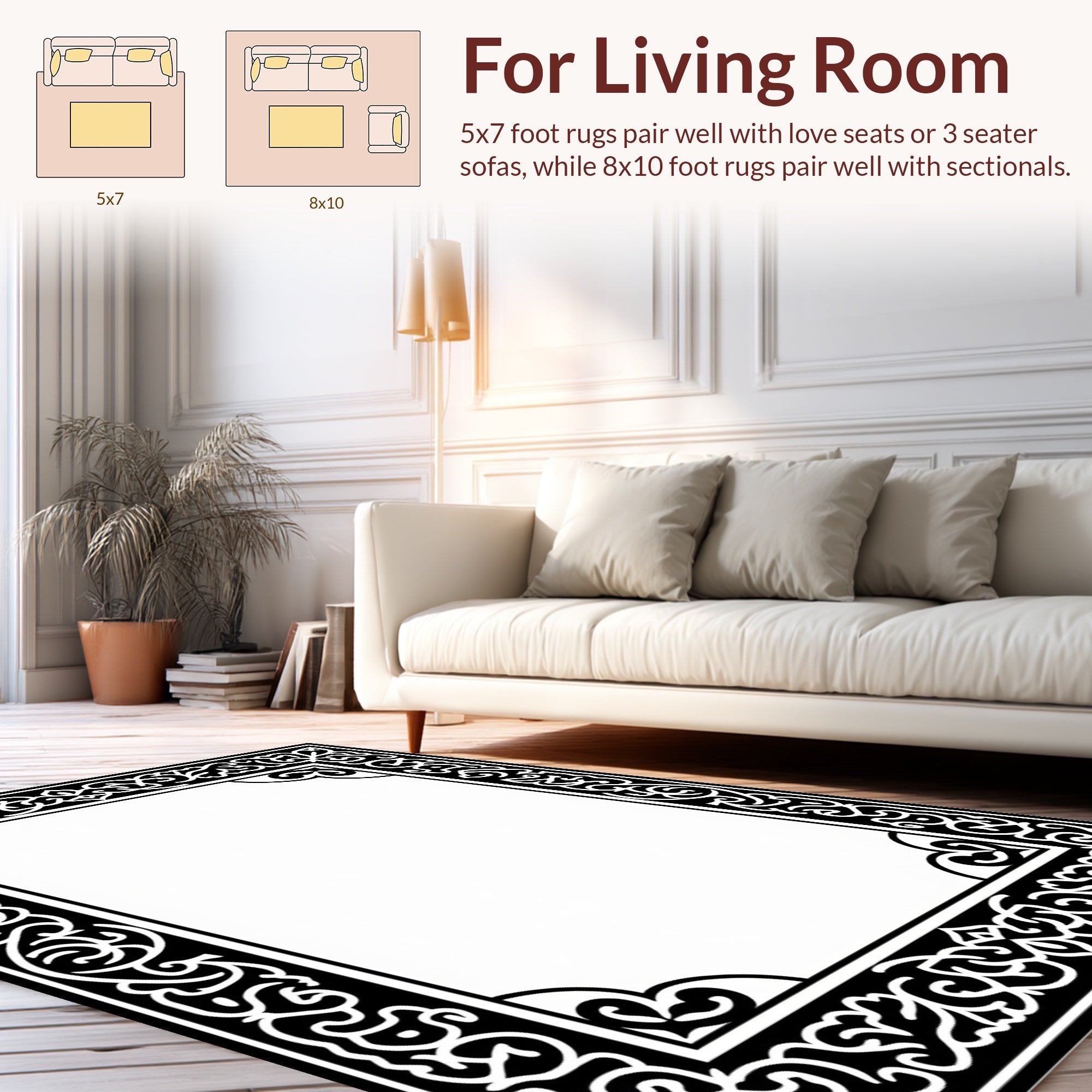 Ornate Black White Floral Scroll Rug