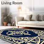 Navy Blue Cream Scrolling Floral Medallion Rug