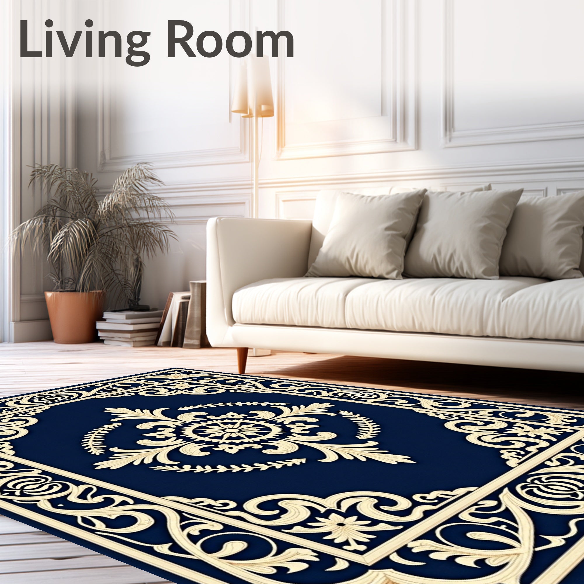 Navy Blue Cream Scrolling Floral Medallion Rug