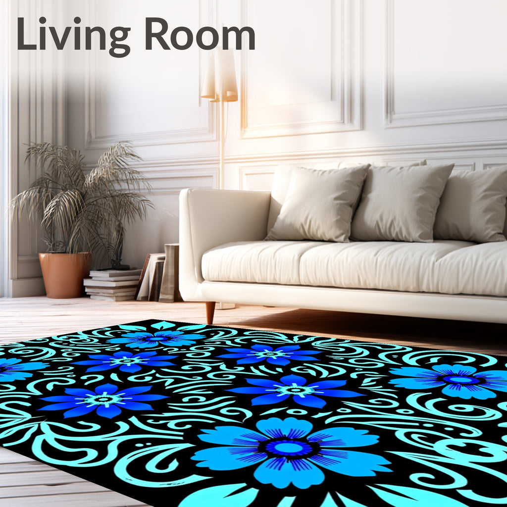 Vibrant Blue Floral Swirls Rug