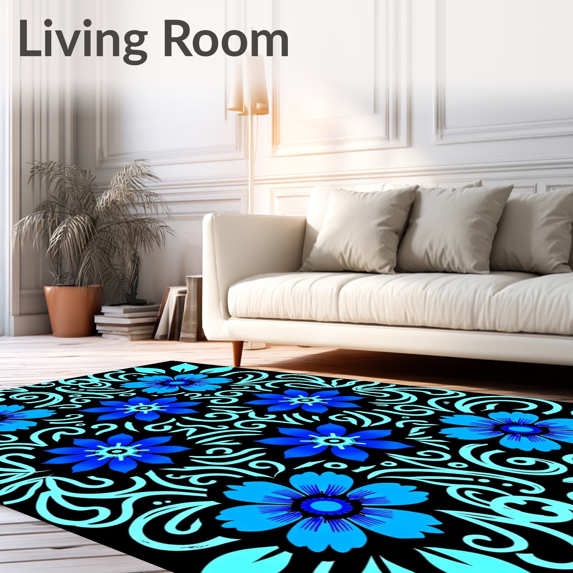 Vibrant Blue Floral Swirls Rug