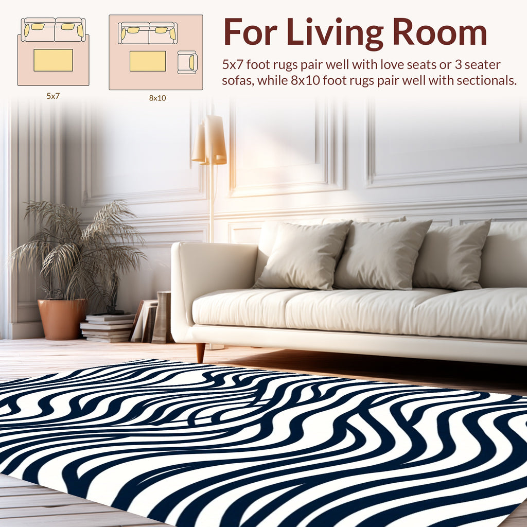 Abstract Navy White Wavy Lines Pattern Rug