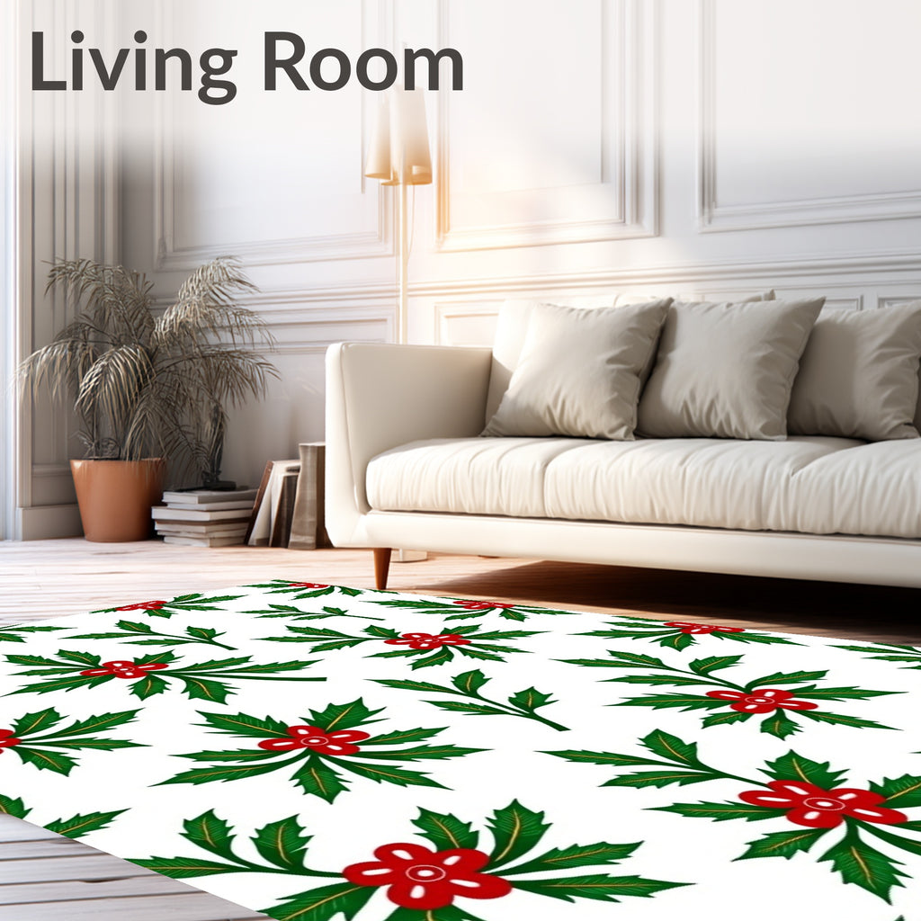 Festive Green Holly Red Flower Branch Rug