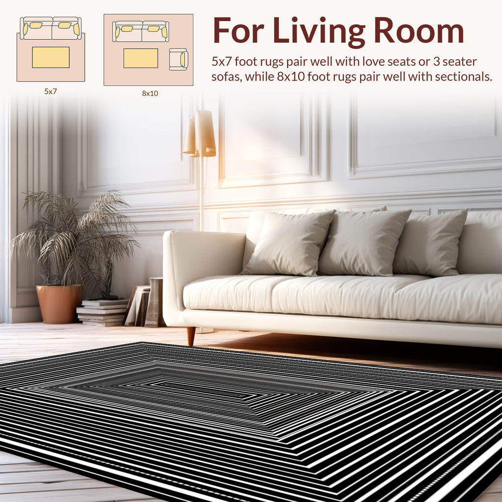 Black White Concentric Squares Rug