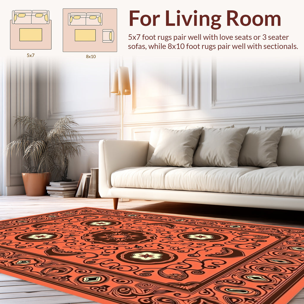 Ornate Coral And Brown Floral Rug