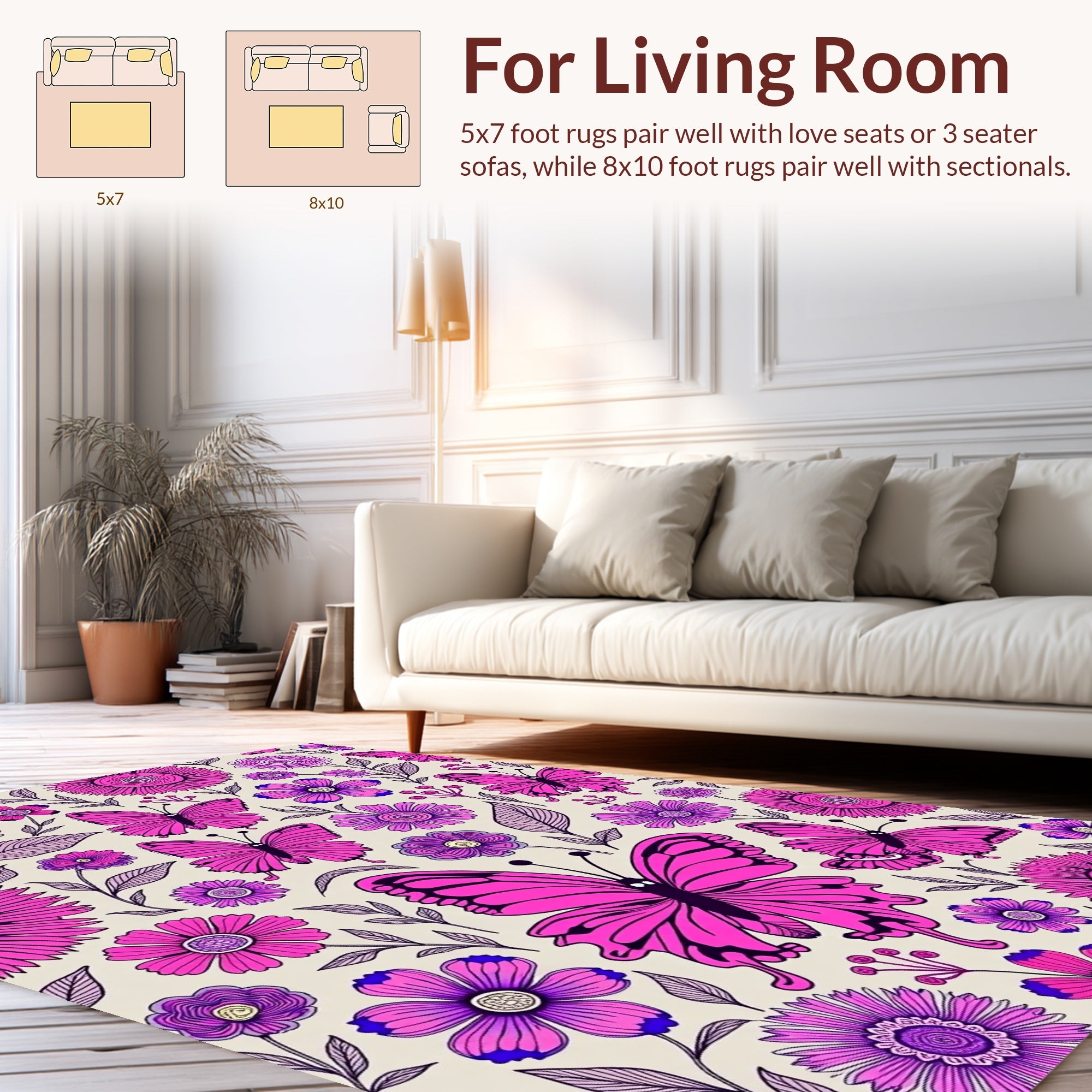 Vibrant Pink Butterflies Floral Garden Rug