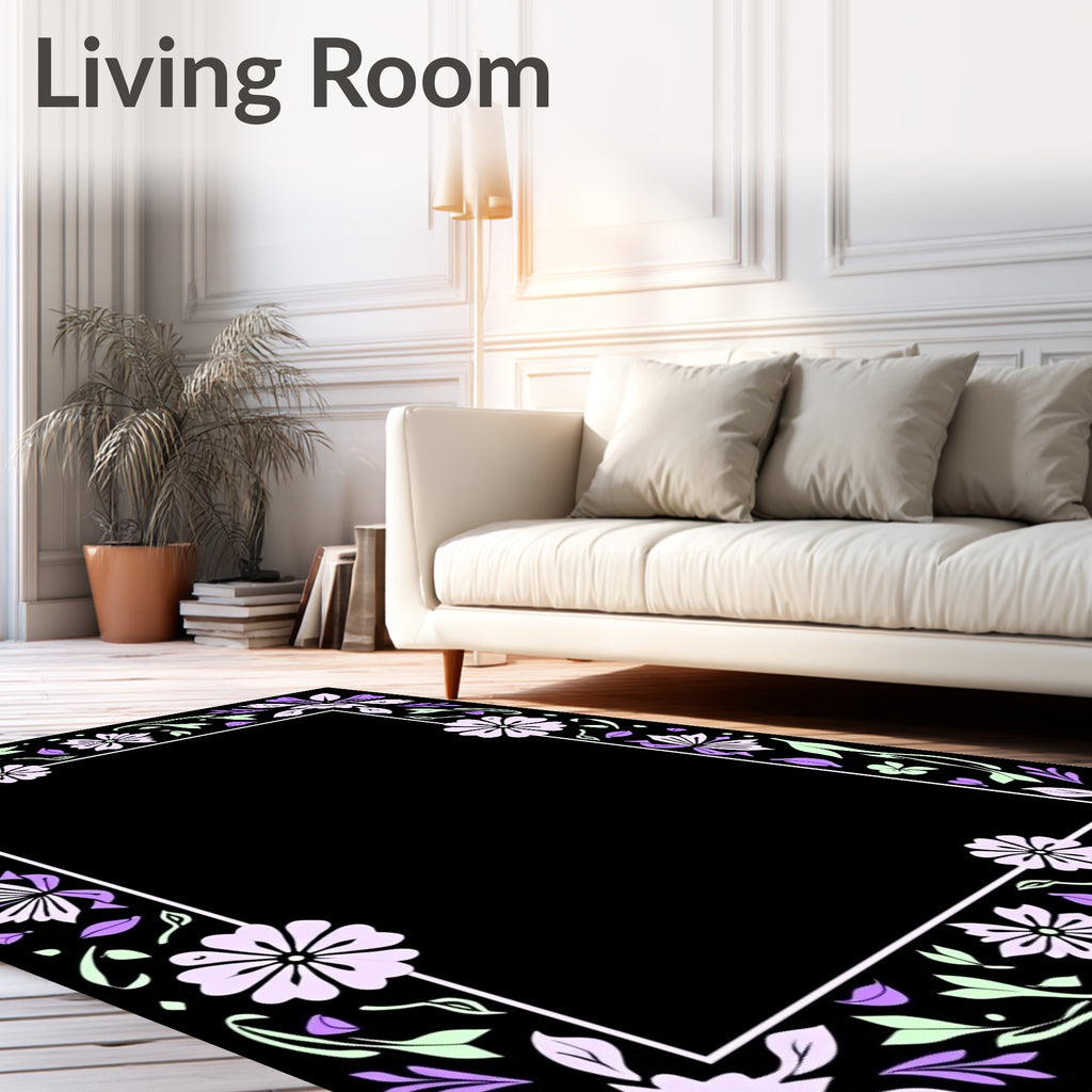 Purple Lavender Floral Leaf Frame Rug