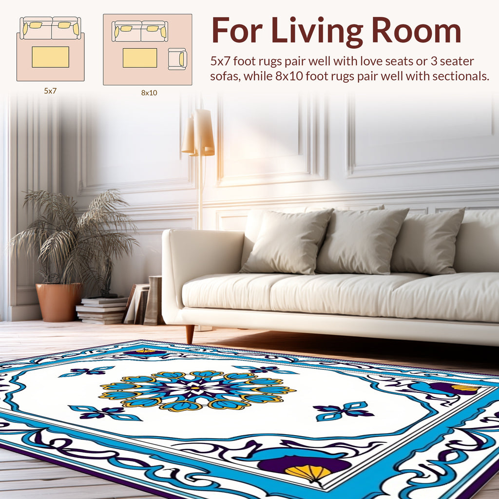 Ornate Floral Medallion Blue Tan Rug